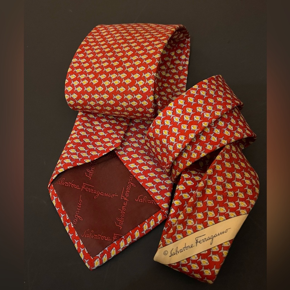 Salvatore Ferragamo Red Silk Fish Print Tie